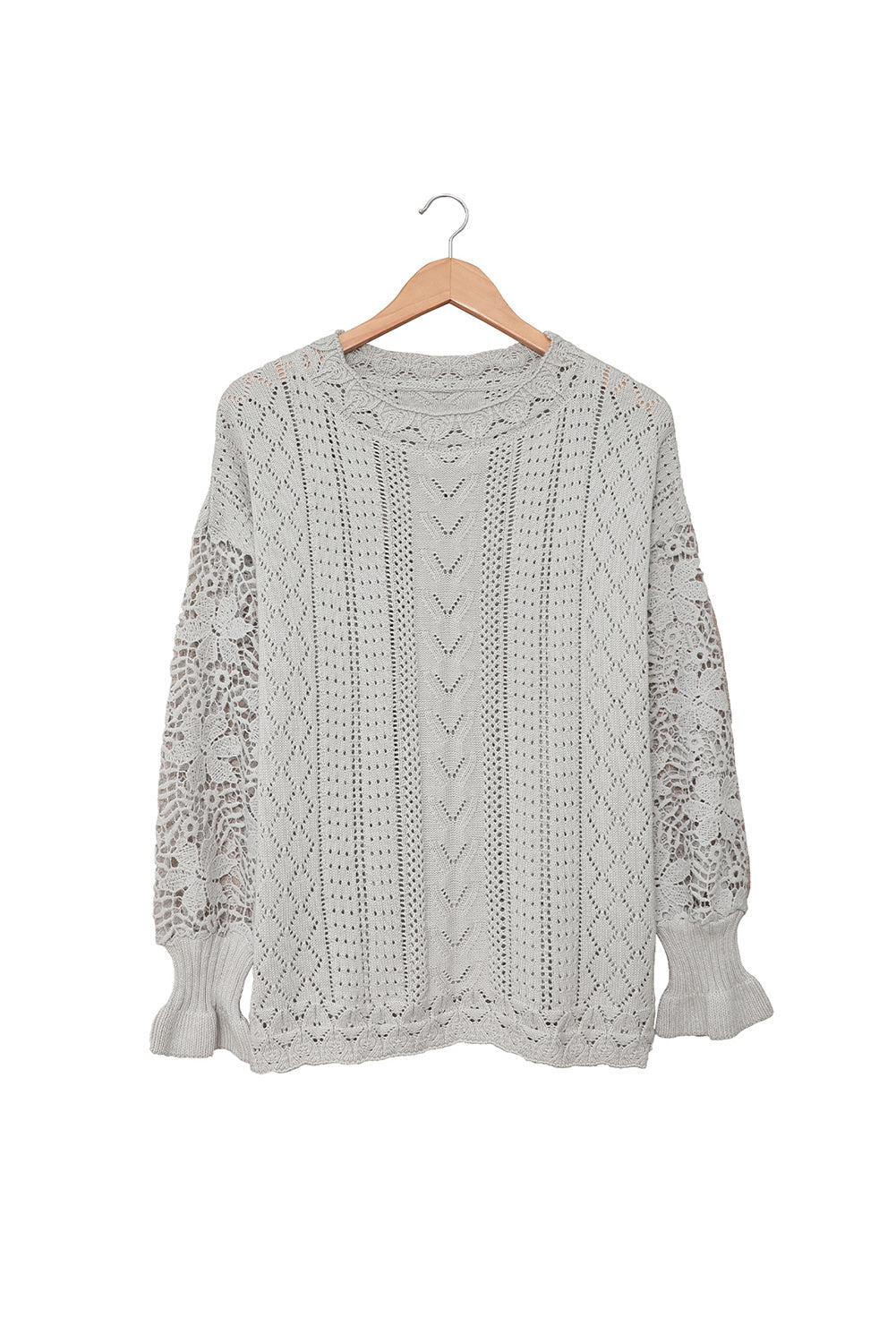 Crochet Lace Pointelle Knit Sweater | Gray