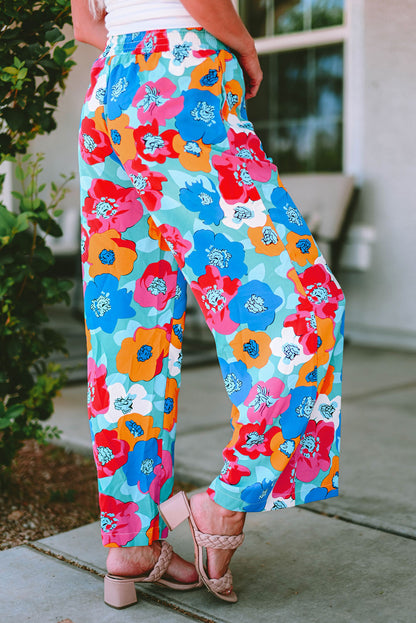 Abstract Floral Print Drawstring Wide Waistband Pants | Multicolour