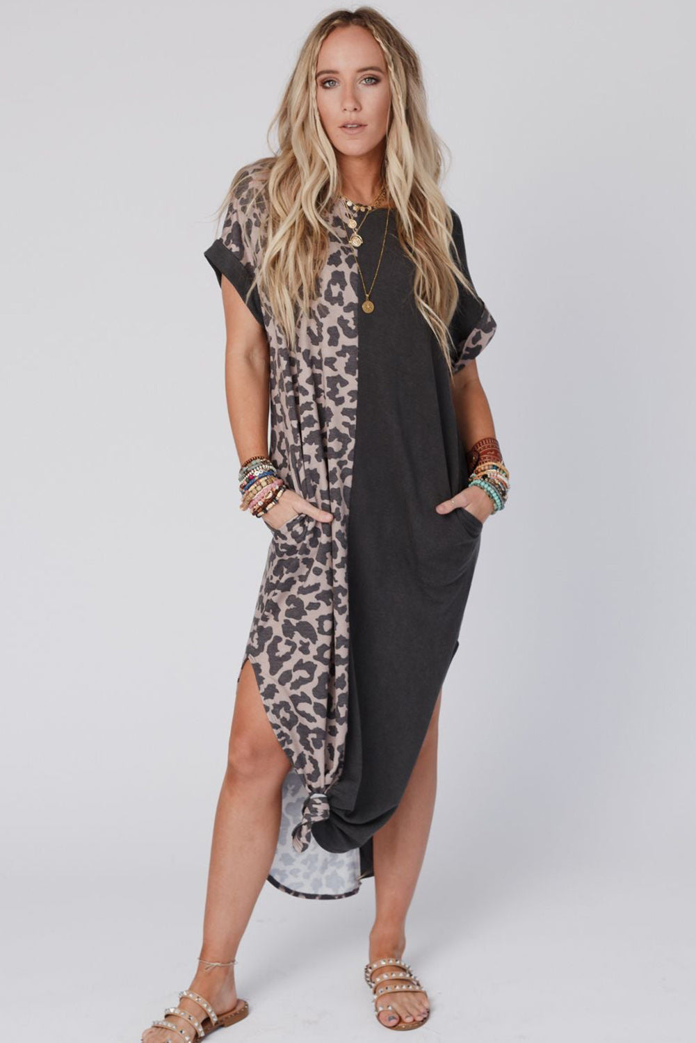 Contrast Solid Leopard Short Sleeve T-Shirt Dress With Slits | Black