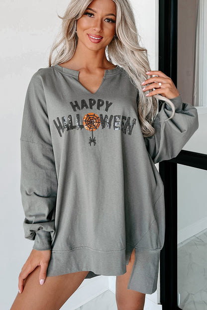 Sequin Happy Halloween Graphic Notched Neck Long Sleeve Loose Top | Medium Grey