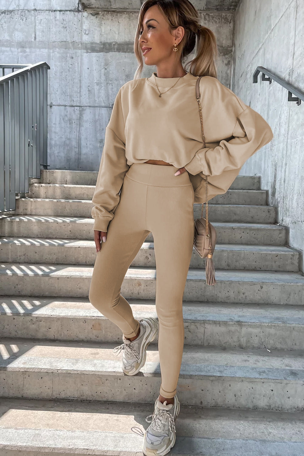 Solid Sweatshirt And Leggings Two Piece Set | Beige