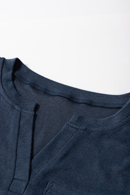 Dirty Blue Notch V Neck Pocket Patched Long Sleeve T Shirt | Dirty blue