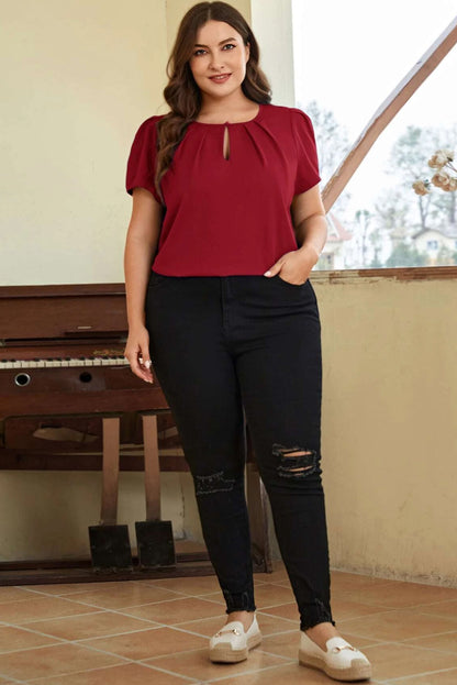 Keyhole Pleated Crew Neck Plus Size T Shirt | Red Dahlia