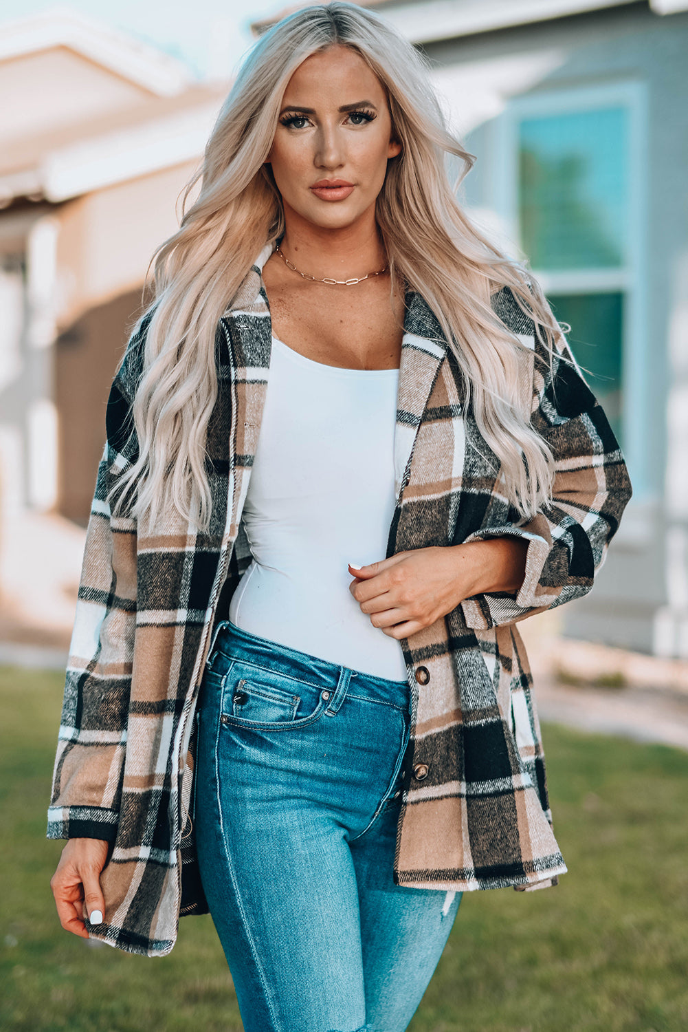 Plaid Print Buttoned Shirt Jacket | Yellow