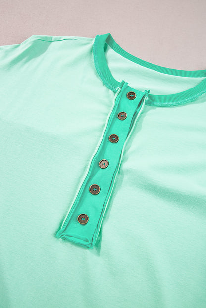 Contrast Colour Patchwork Half Button T Shirt | Bright Green