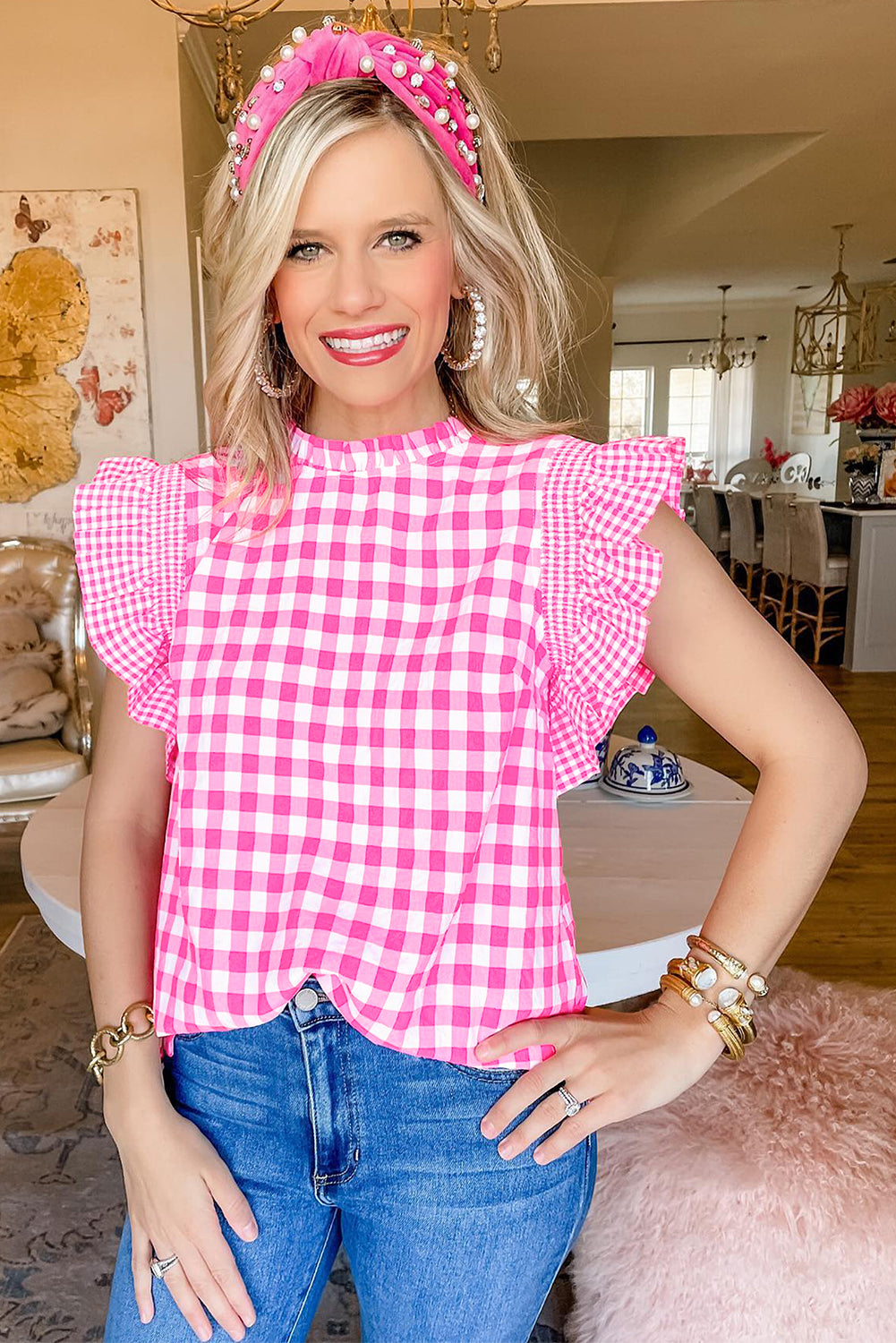 Checkered Ruffled Sleeve Frilled Neck Blouse | Rose Red