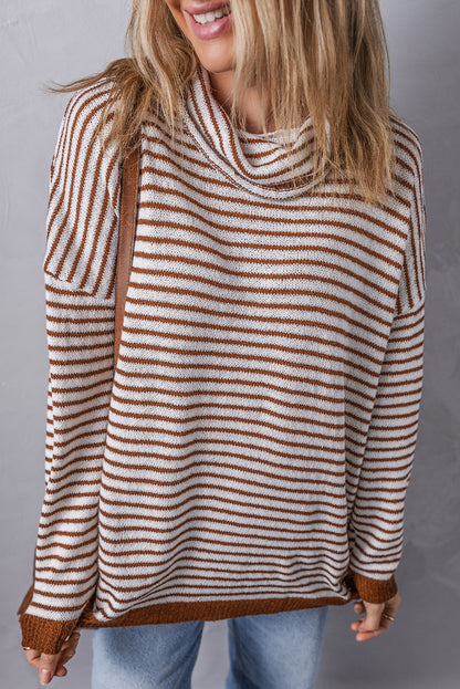 Striped Turtleneck Loose Sweater | Brown