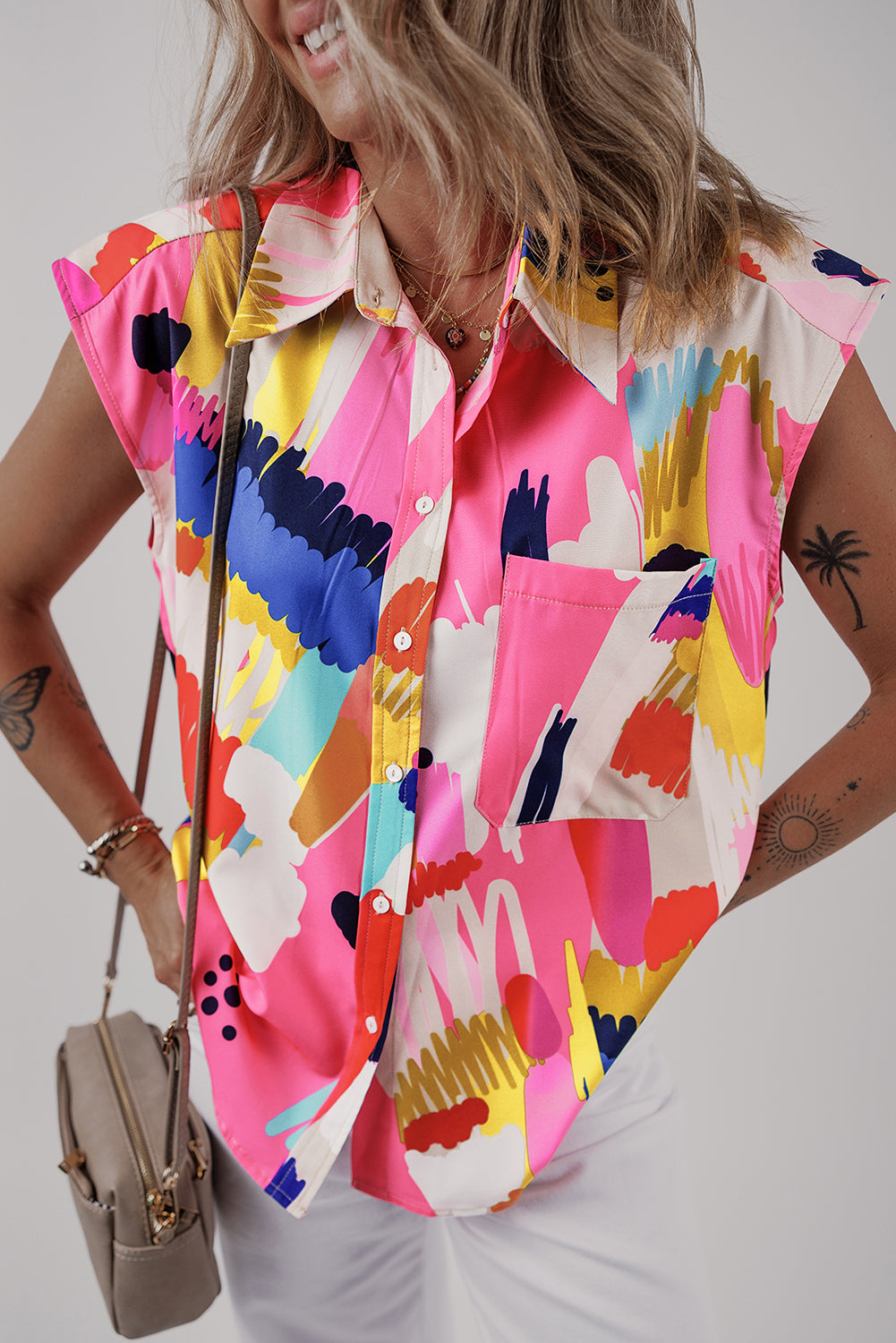 Abstract Print Collared Cap Sleeve Casual Shirt | Multicolour