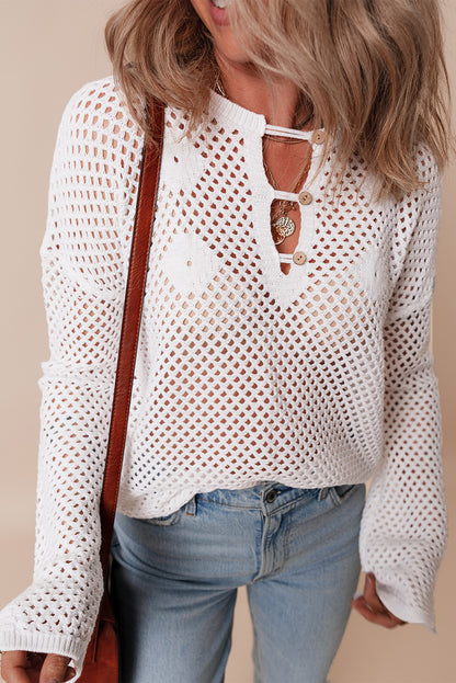 Open Knit Buttoned Neck Split Sleeve Sweater | White