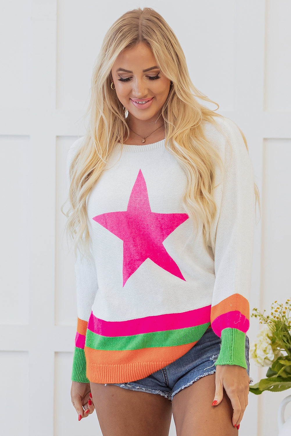 Star Pattern Colourblock Striped Edge Drop Shoulder Sweater | White