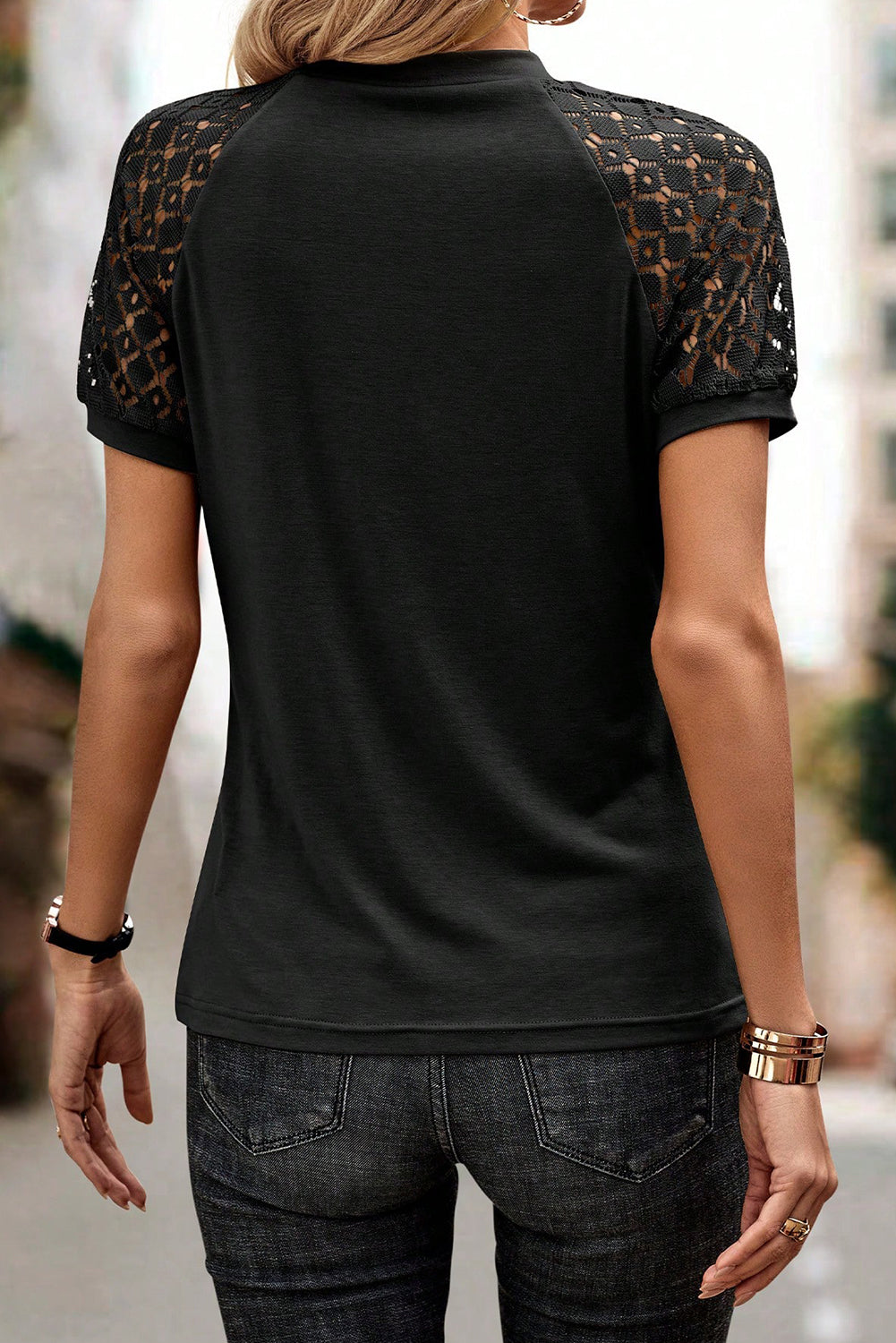 Seamed Detail Contrast Lace Raglan Sleeve Tee | Black