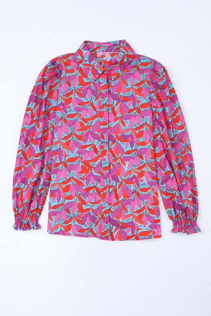 Abstract Floral Button Up Long Puff Sleeve Shirt | Multicolour