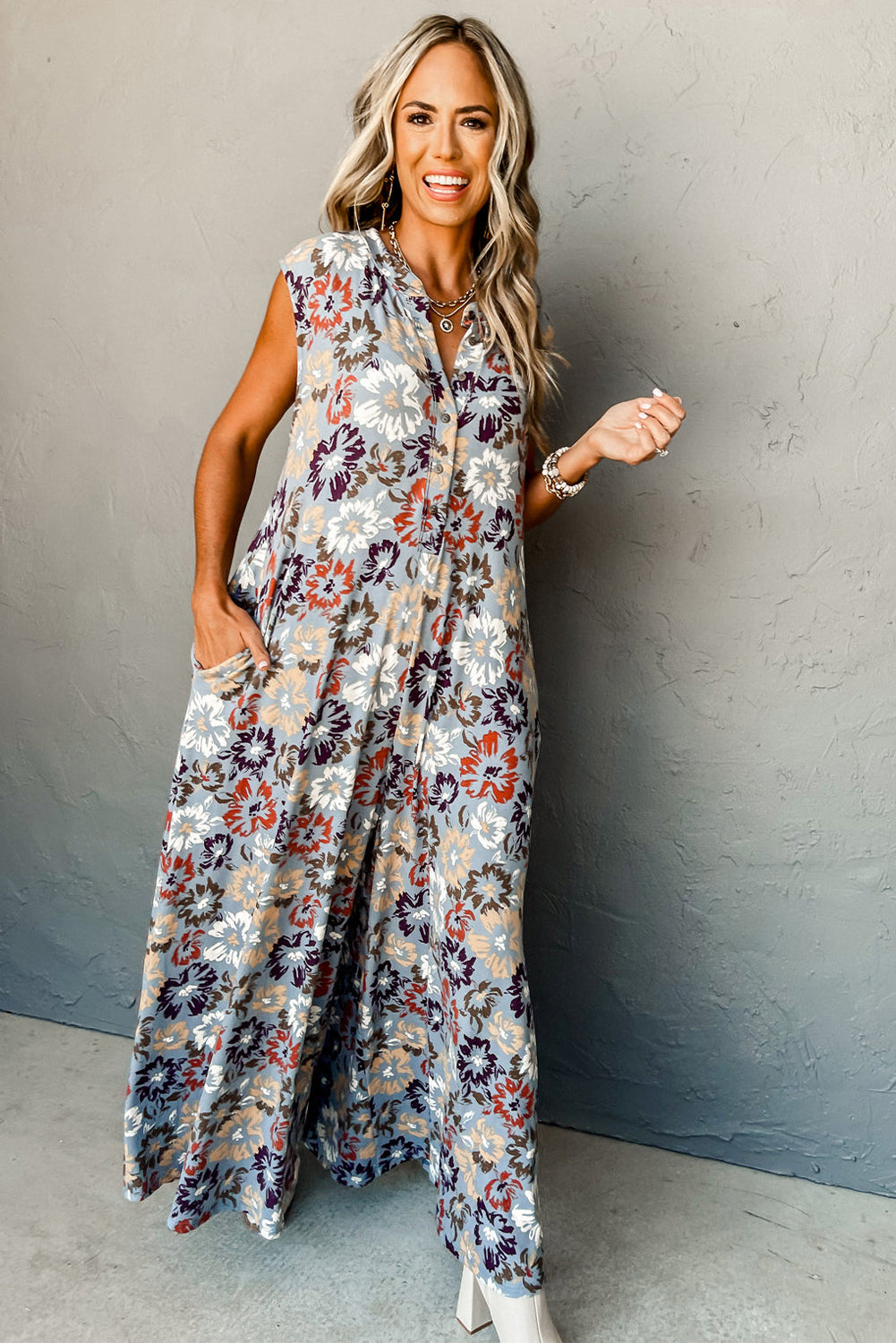 Floral Sleeveless Buttoned Pocketed Wide Leg Jumpsuit | Sky Blue