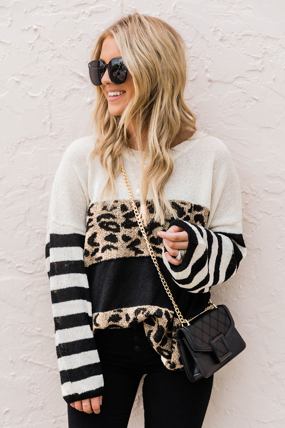 Slouchy Drop-Shoulder Leopard Striped Colourblock Sweater | White