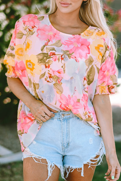 Shirred Cuff 3/4 Sleeve Loose Fit Floral Blouse | Pink