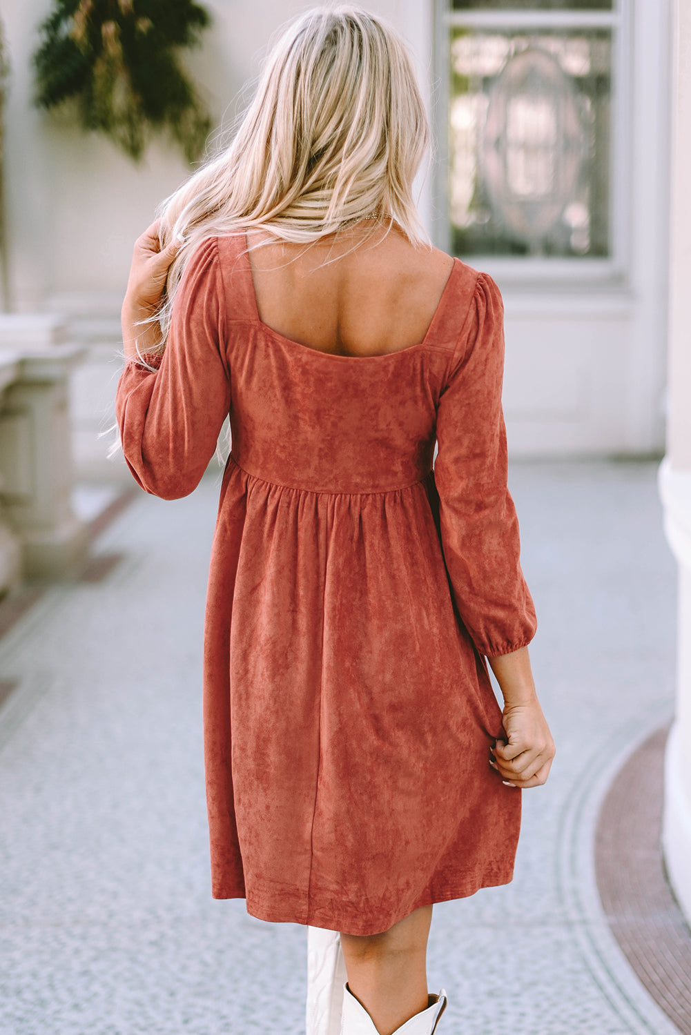 Suede Square Neck Puff Sleeve Dress | Brown