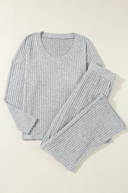 Ribbed Knit V Neck Slouchy Two-Piece Outfit | Light Grey