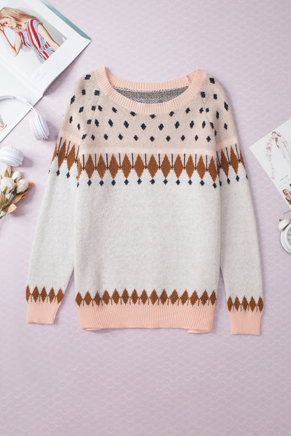 Mixed Geometric Detail Raglan Sleeve Sweater | Multicolour