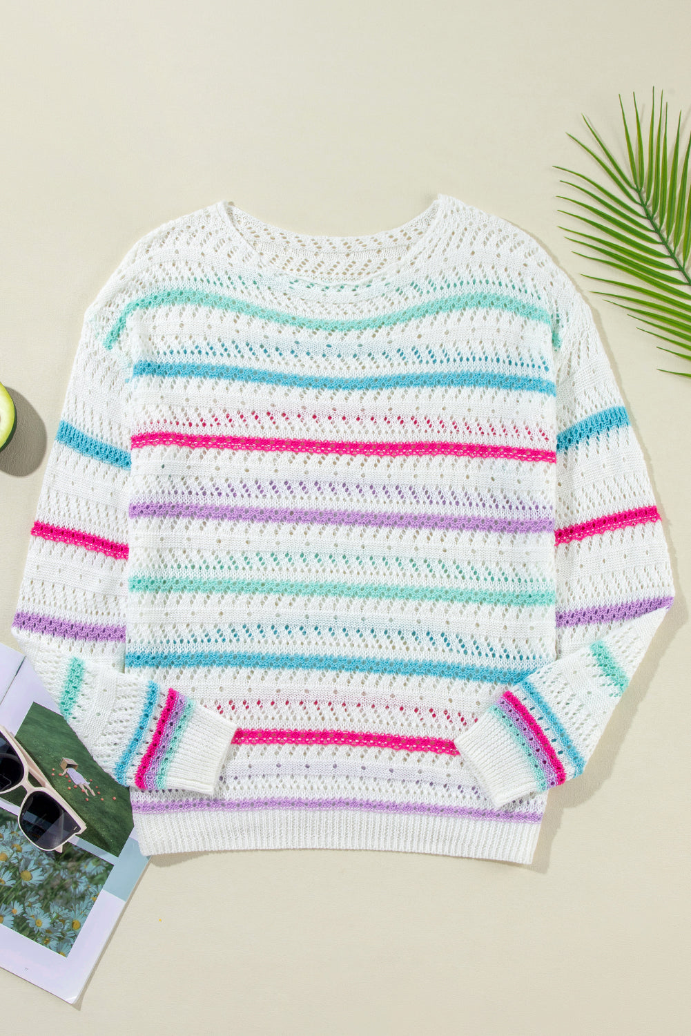 Striped Hollowed Crochet Loose Fit Sweater | White