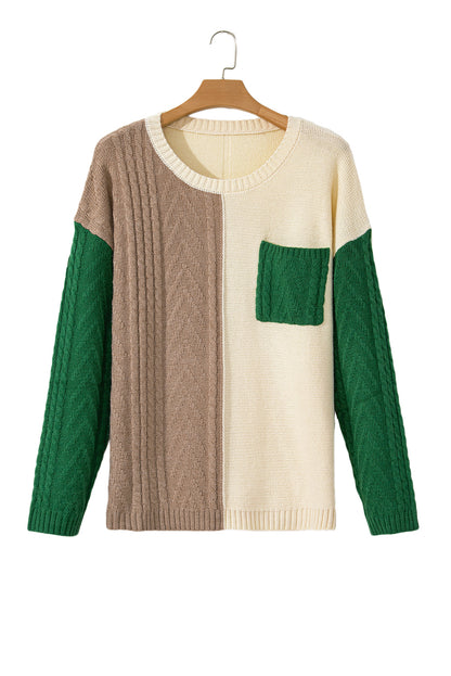 Plus Size Cable Knit Colour Block Drop Shoulder Sweater | Mist Green