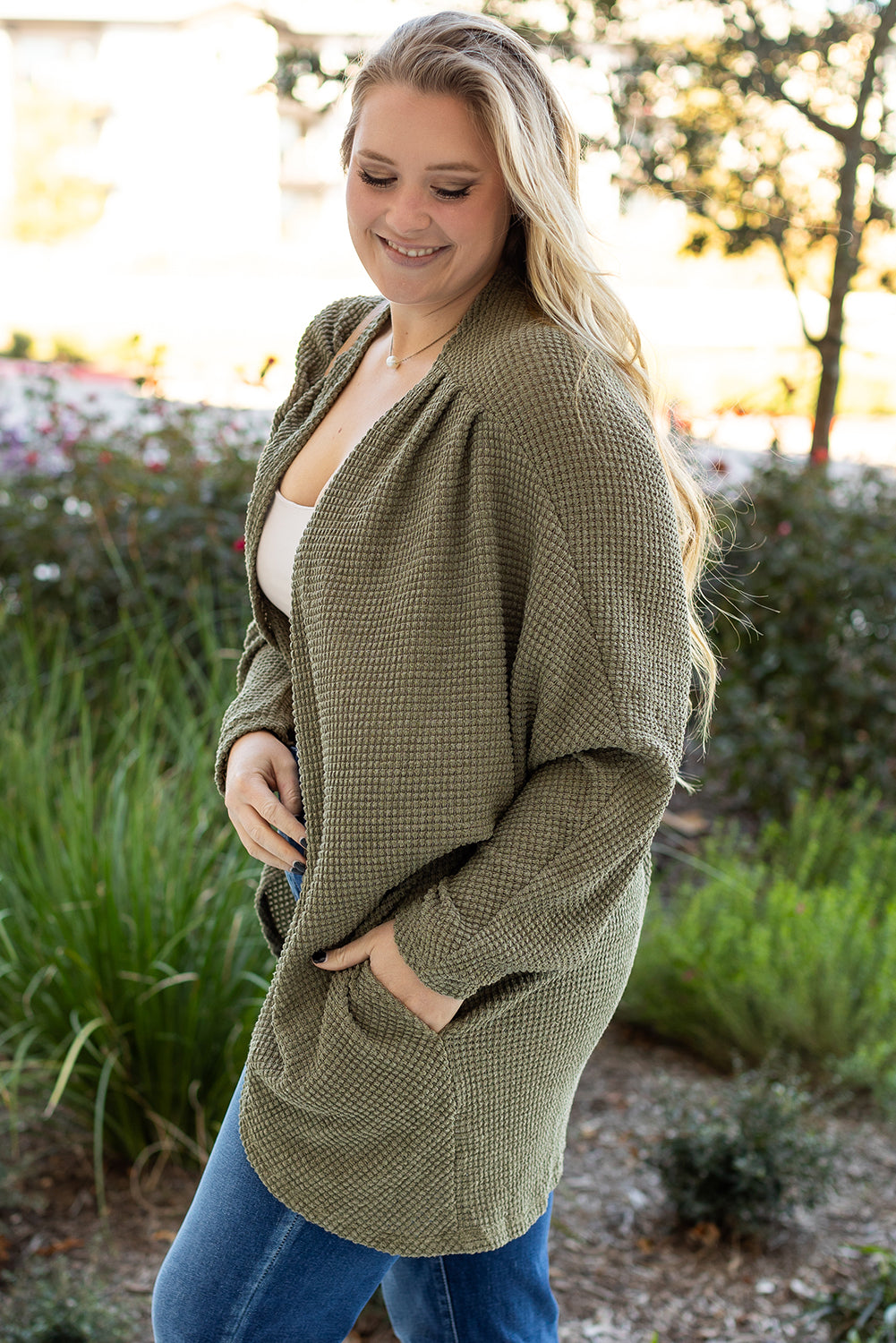 Waffle Knit Drop Shoulder Open Front Pocketed Plus Size Cardigan | Seagrass