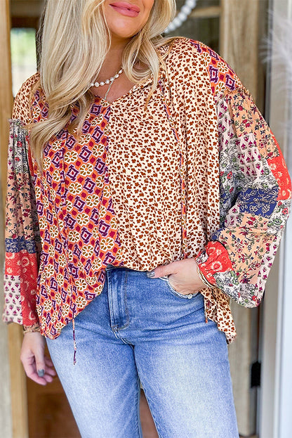 Floral Geometric Patchwork Lace-Up Crewneck Plus Size Blouse | Orange