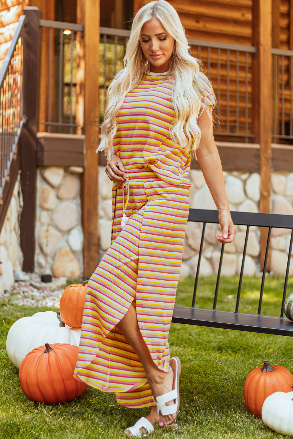 Rainbow Tee Tasseled String Wide Leg Pants Set | Yellow Stripe