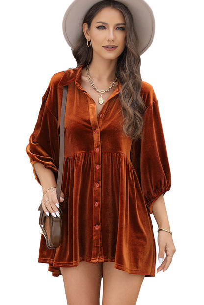 3/4 Sleeve Tunic Babydoll Velvet Shirt | Chestnut