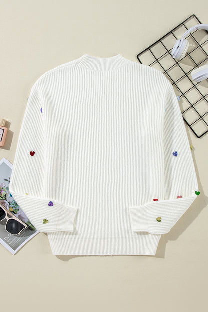 Sequin Heart Shape Waffle Knit Round Neck Sweater | Beige