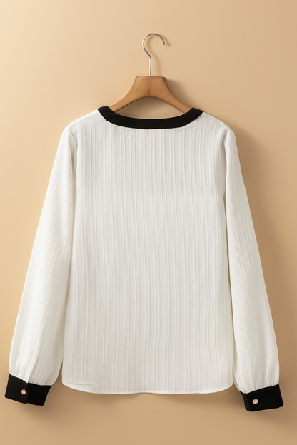 Textured Colourblock V Neck Elegant Blouse | White