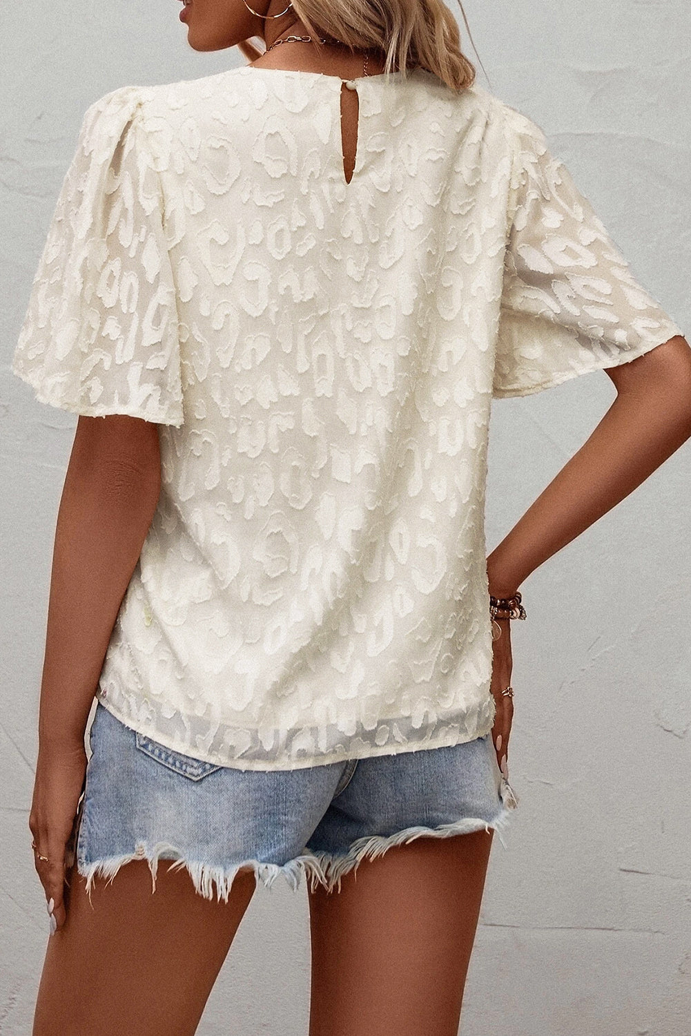 Elegant Jacquard Butterfly Sleeve Blouse | Beige