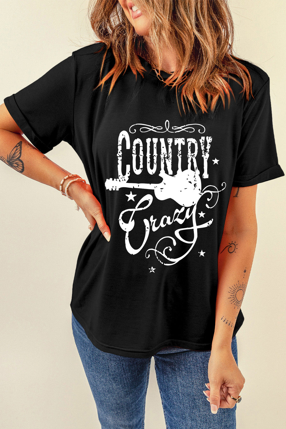 Country Music Crazy Print Crew Neck T Shirt | Black