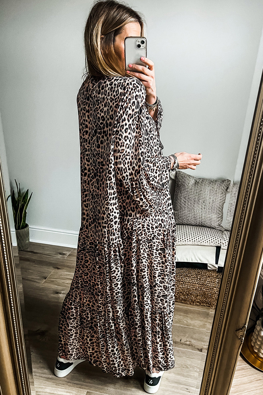 Leopard Print Tiered Wide Sleeve Maxi Dress | Apricot