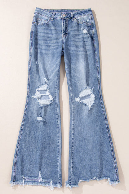 High Rise Ripped Distressed Hem Flared Jeans | Dusk Blue