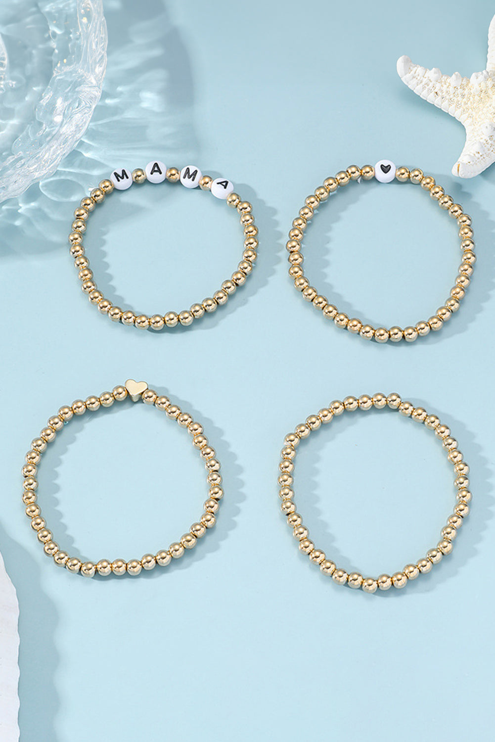 Mama Heart Bead 4Pcs Bracelets Set | Gold