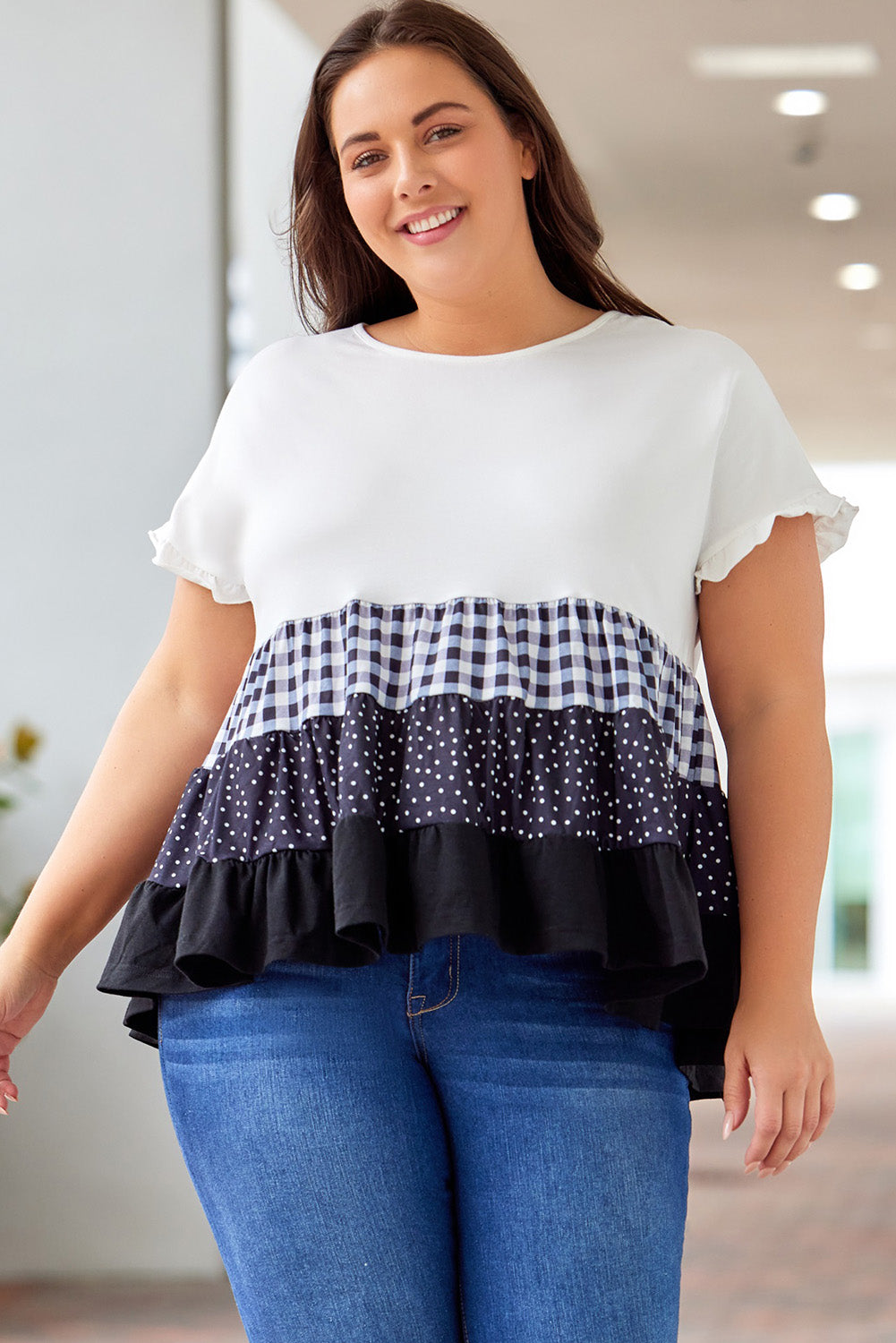 Plaid Dot Ruffled Plus Size Babydoll Top | White