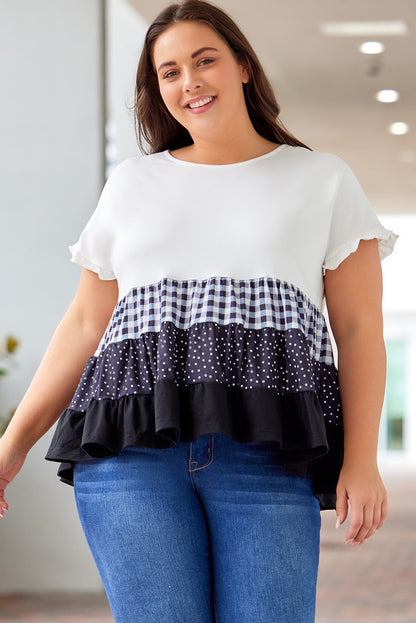 Plaid Dot Ruffled Plus Size Babydoll Top | White