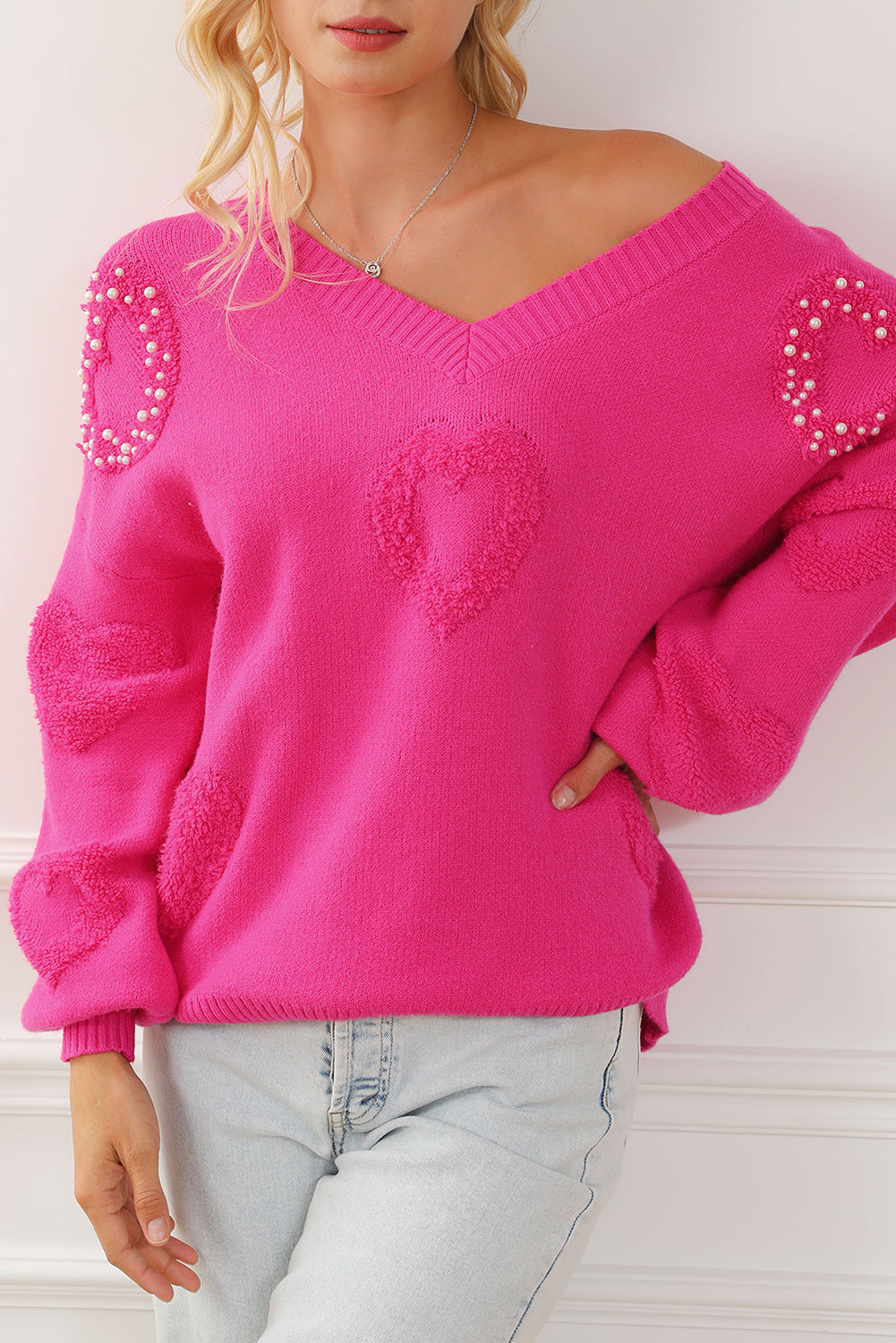 Pearl Embellished Fuzzy Hearts V Neck Sweater | Rose Red