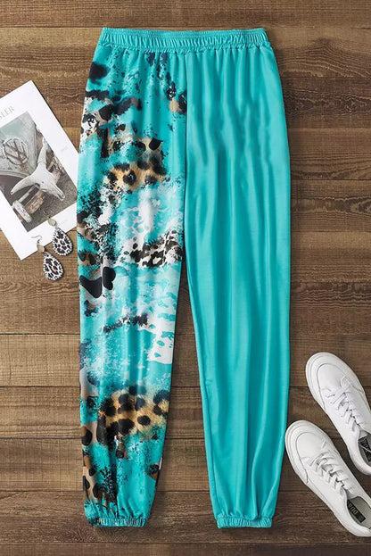 Contrast Leopard Tie-Dye Print Jogger Pants | Light Blue