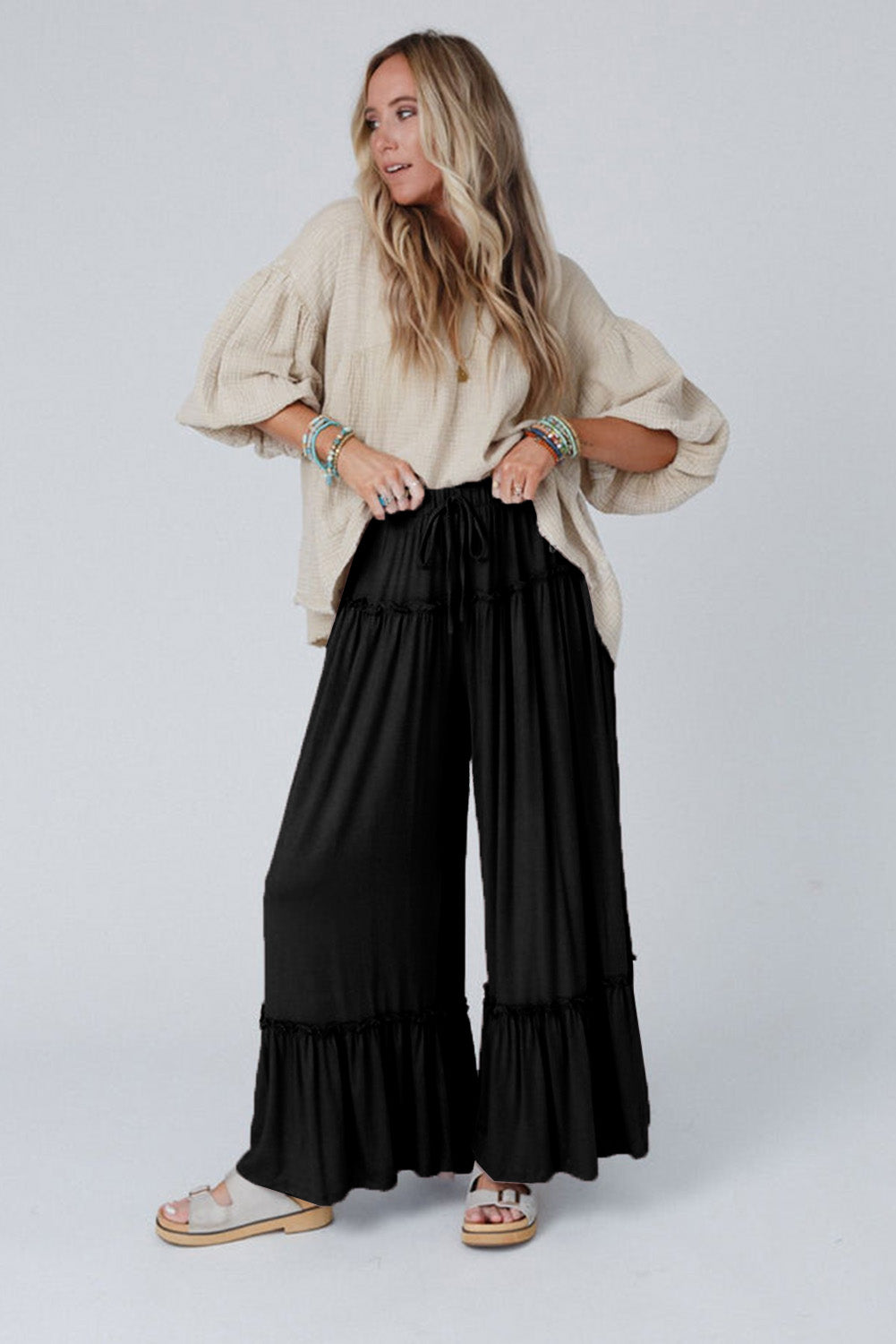 Frilled Drawstring High Waist Wide Leg Pants | Black