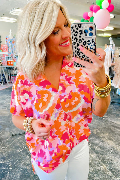 Abstract Print V Neck Summer Blouse | Rose Red