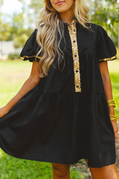 Sequin Trim Bubble Sleeve Game Day Shirt Dress | Black