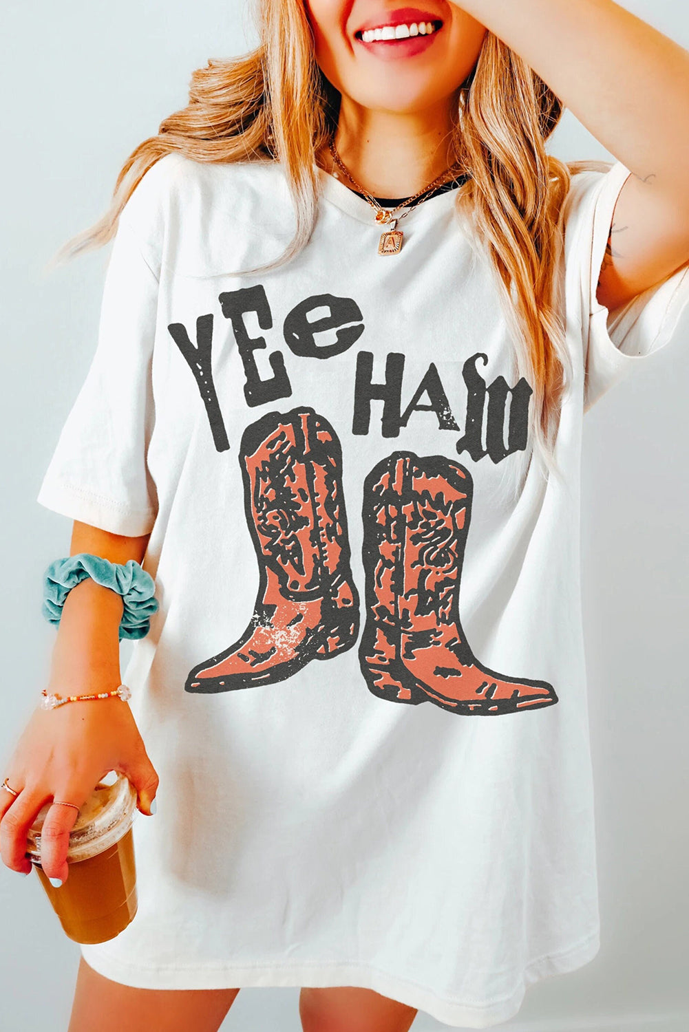 White Yee Haw Cowboy Boots Graphic Vintage Western Oversized Tee