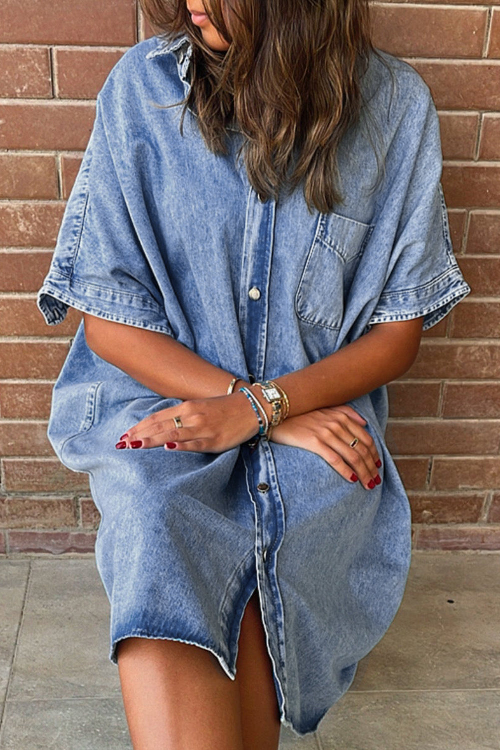 Loose Medium Wash Short Sleeve Shirt Chambray Dress | Light Blue