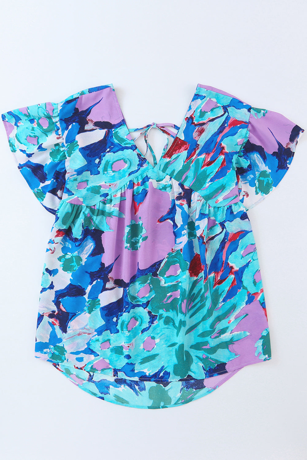 Abstract Print V Neck Flutter Sleeve Blouse | Sky Blue