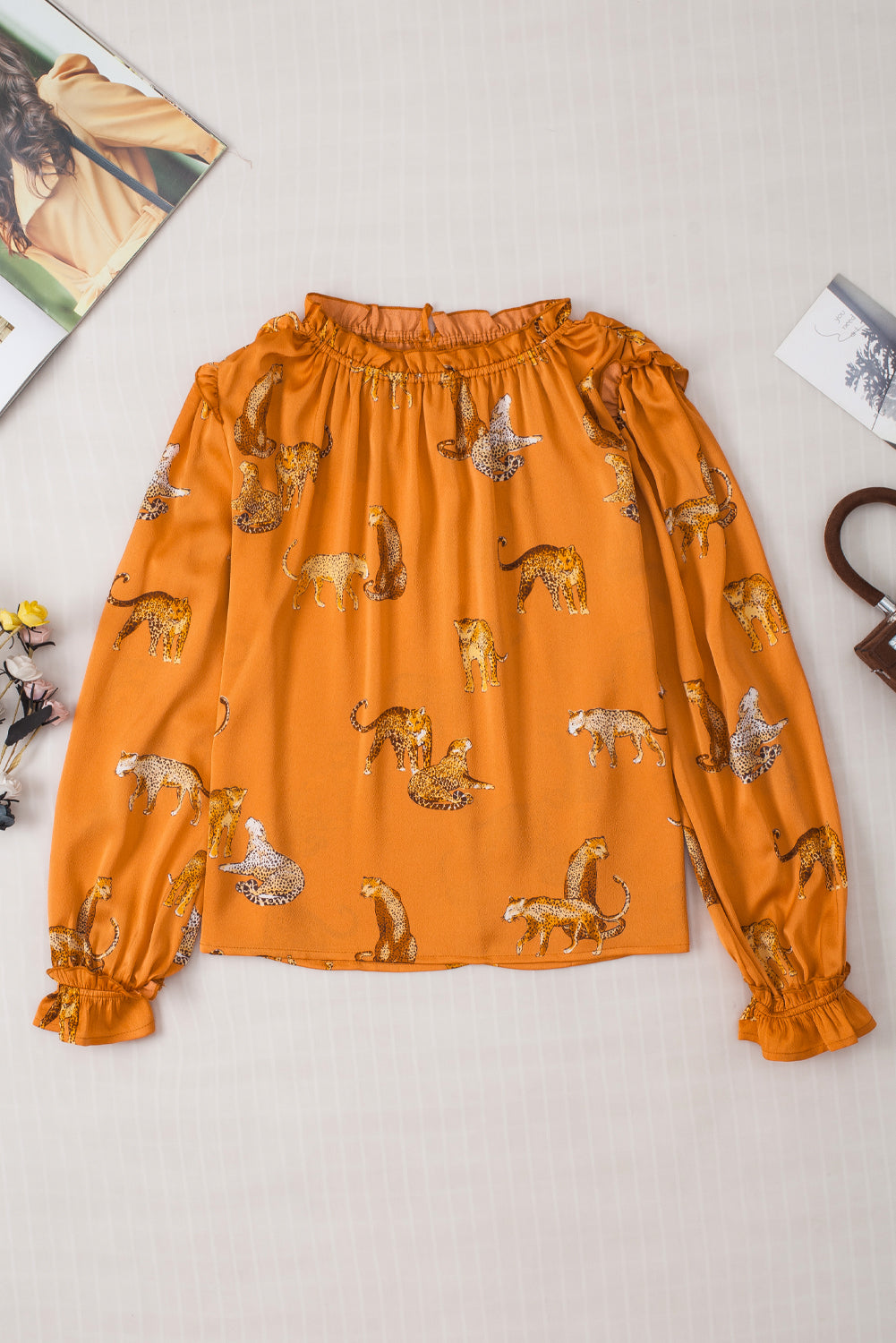 Cheetah Printed Ruffled Sleeve Blouse | Orange