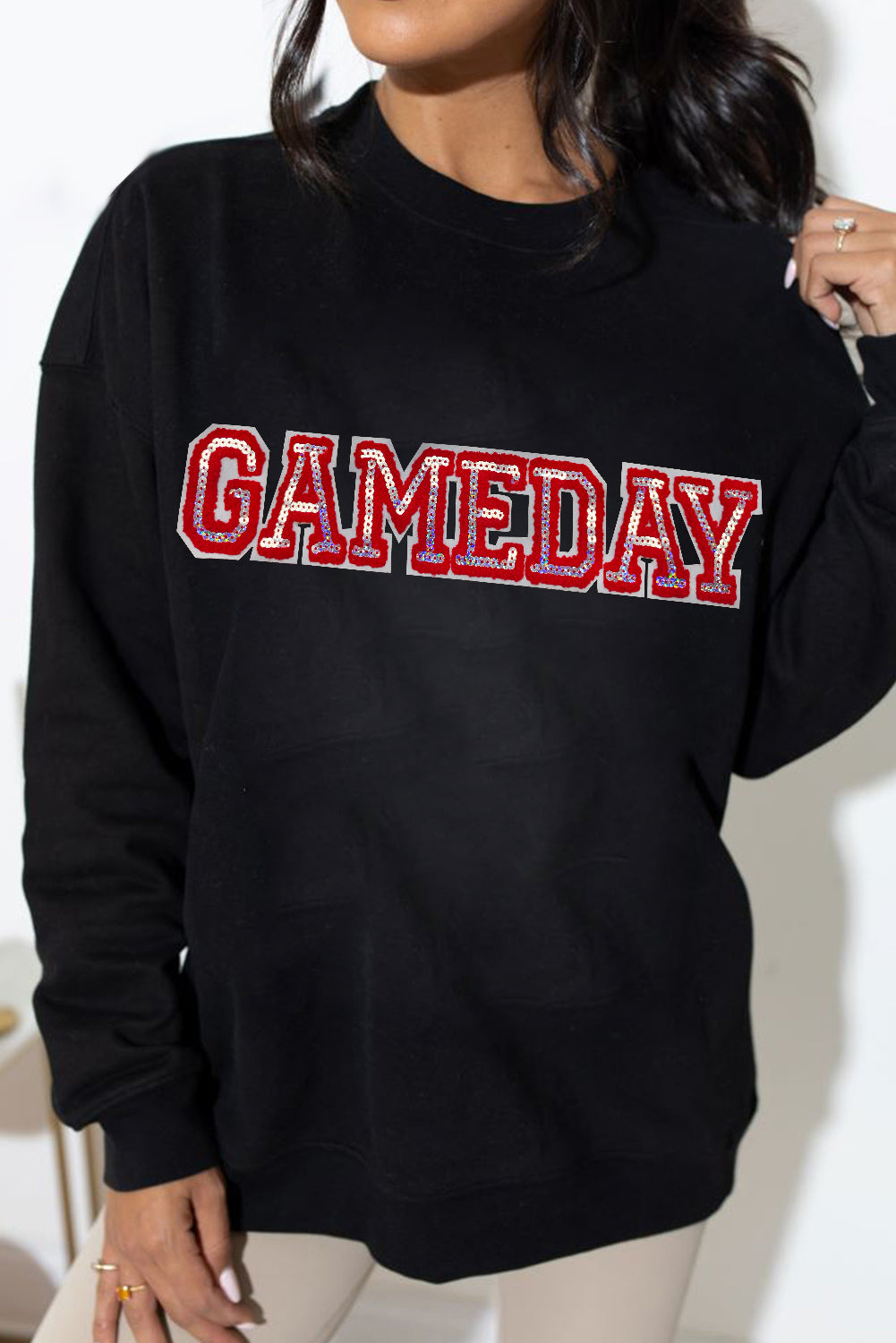 Sequined Game Day Rugby Football Season Sweatshirt | Black