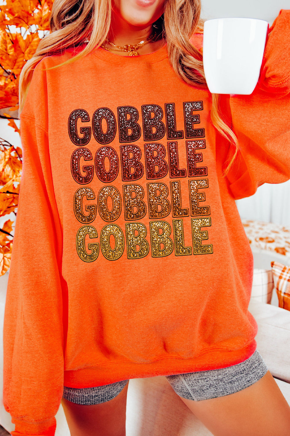 Orange Thanksgiving GOBBLE Print Round Neck Pullover Sweatshirt