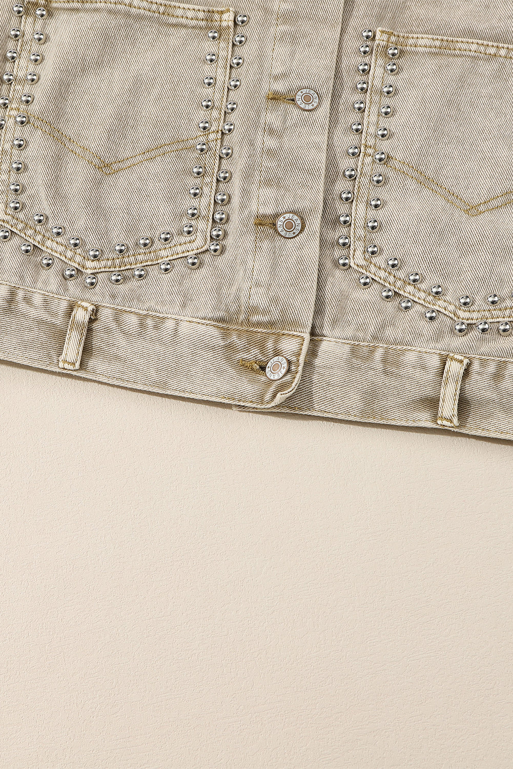 Light French Beige Rivet Studded Pocketed Denim Jacket | Flaxen