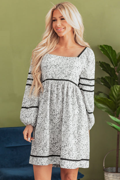 Floral Print Open Back Balloon Sleeve Square Neck Mini Dress | Gray